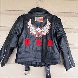 Kids Black Leather Jacket with Eagle and USA Patch